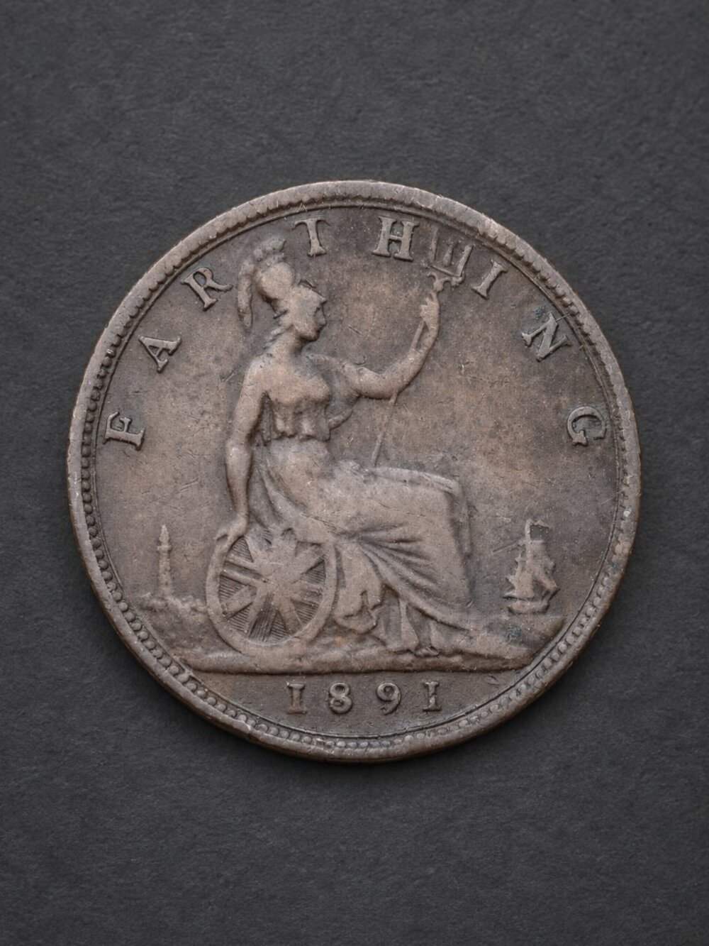 1891 Great Britain Farthing Queen Victoria Bun Head Bronze Coin KM#753
